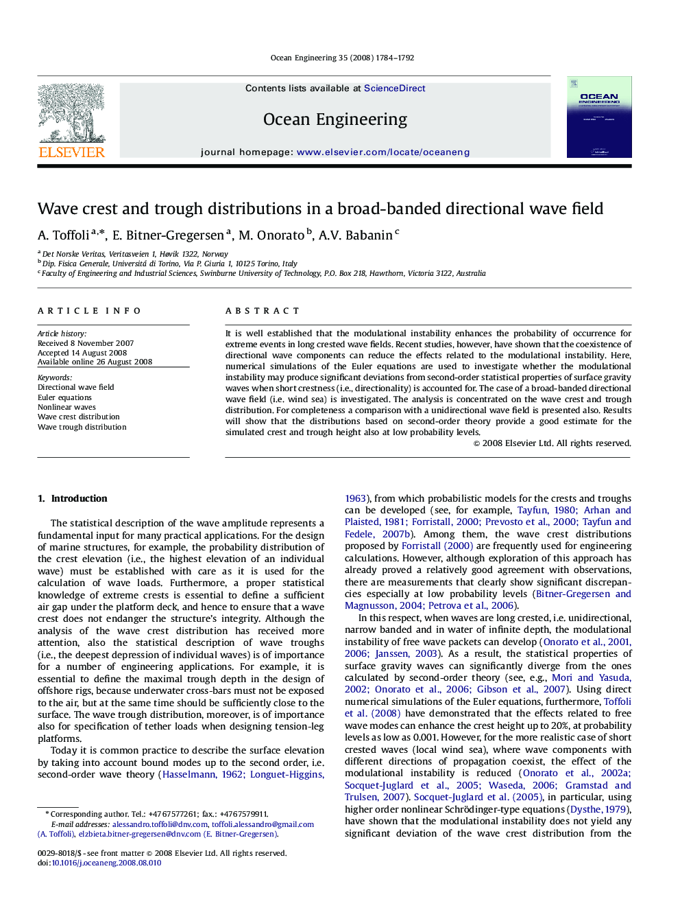 Wave crest and trough distributions in a broad-banded directional wave field