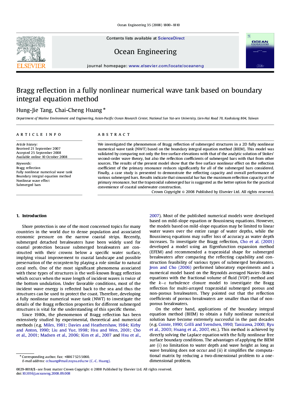 Bragg reflection in a fully nonlinear numerical wave tank based on boundary integral equation method