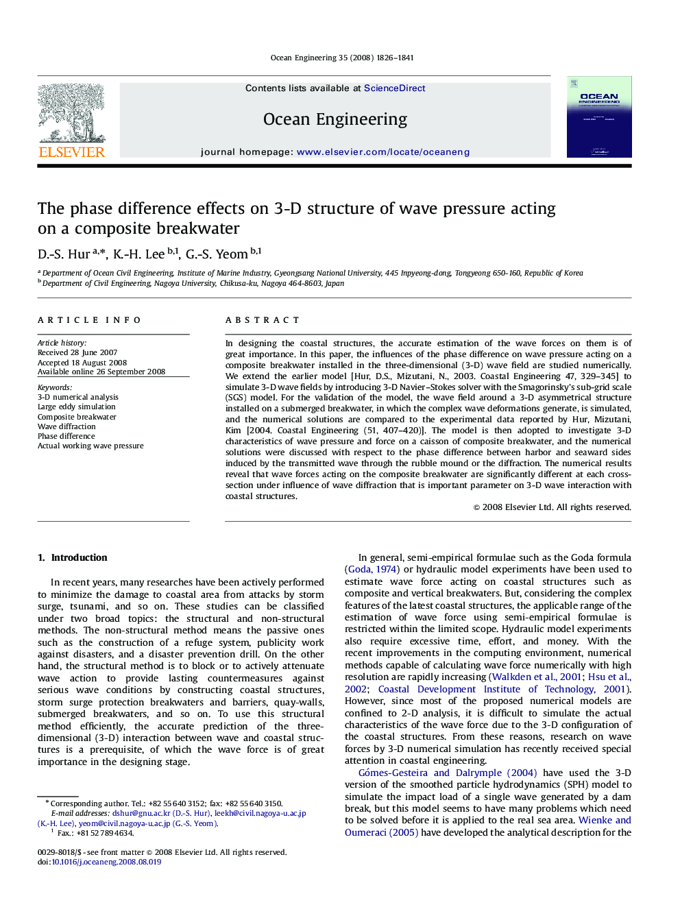 The phase difference effects on 3-D structure of wave pressure acting on a composite breakwater