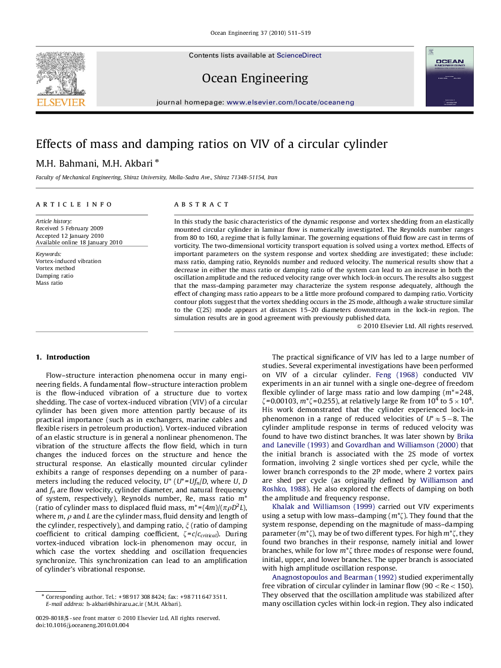 Effects of mass and damping ratios on VIV of a circular cylinder