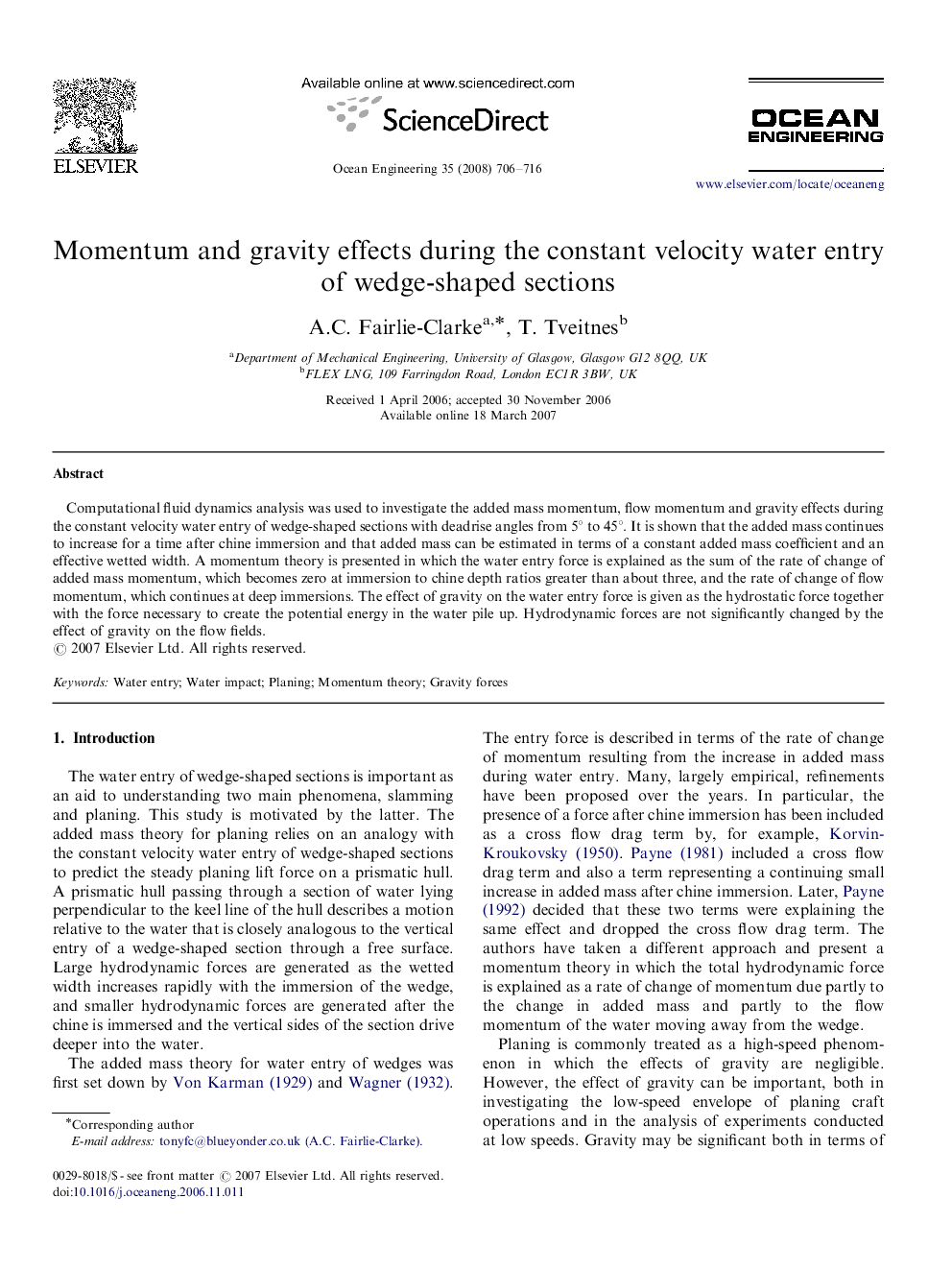 Momentum and gravity effects during the constant velocity water entry of wedge-shaped sections