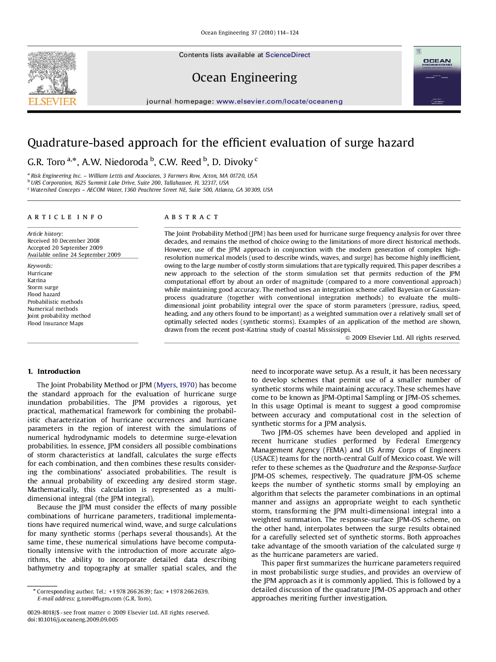 Quadrature-based approach for the efficient evaluation of surge hazard