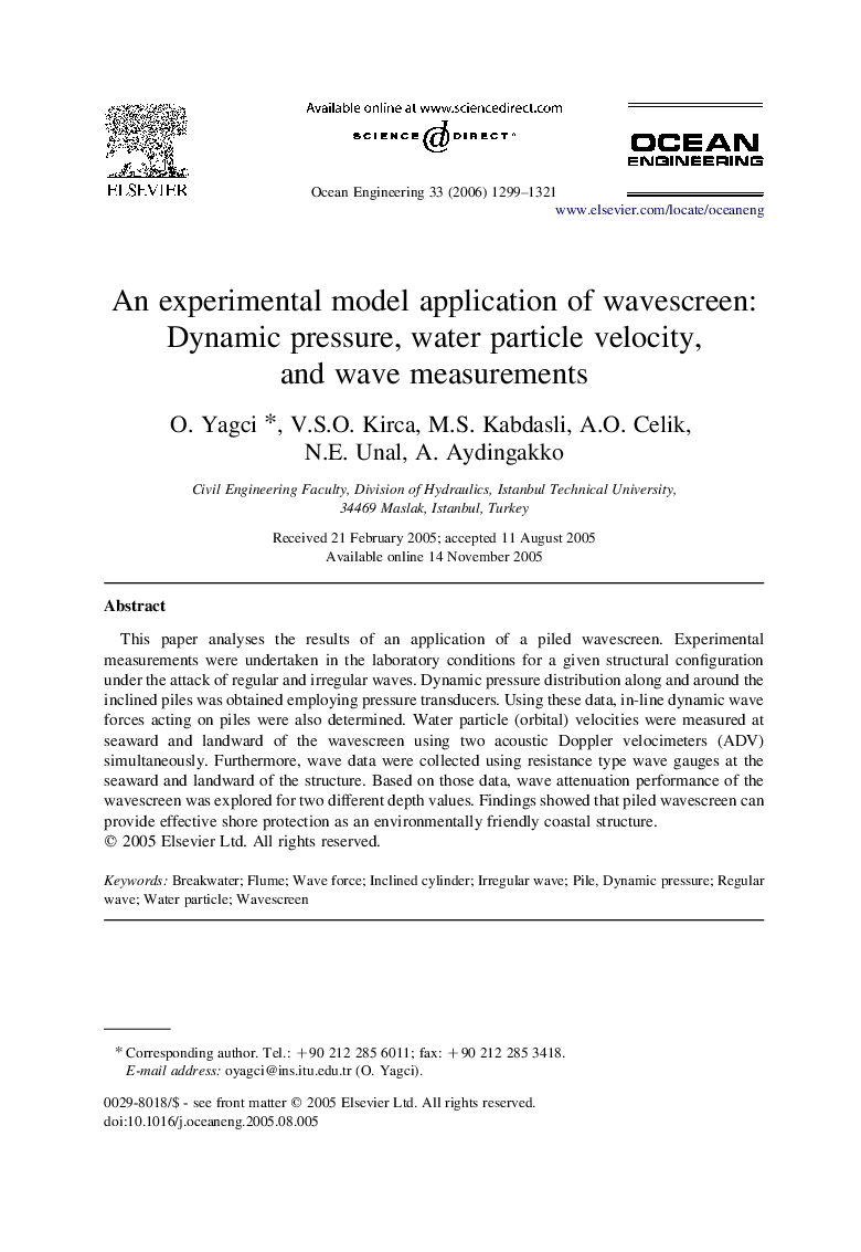 An experimental model application of wavescreen: Dynamic pressure, water particle velocity, and wave measurements