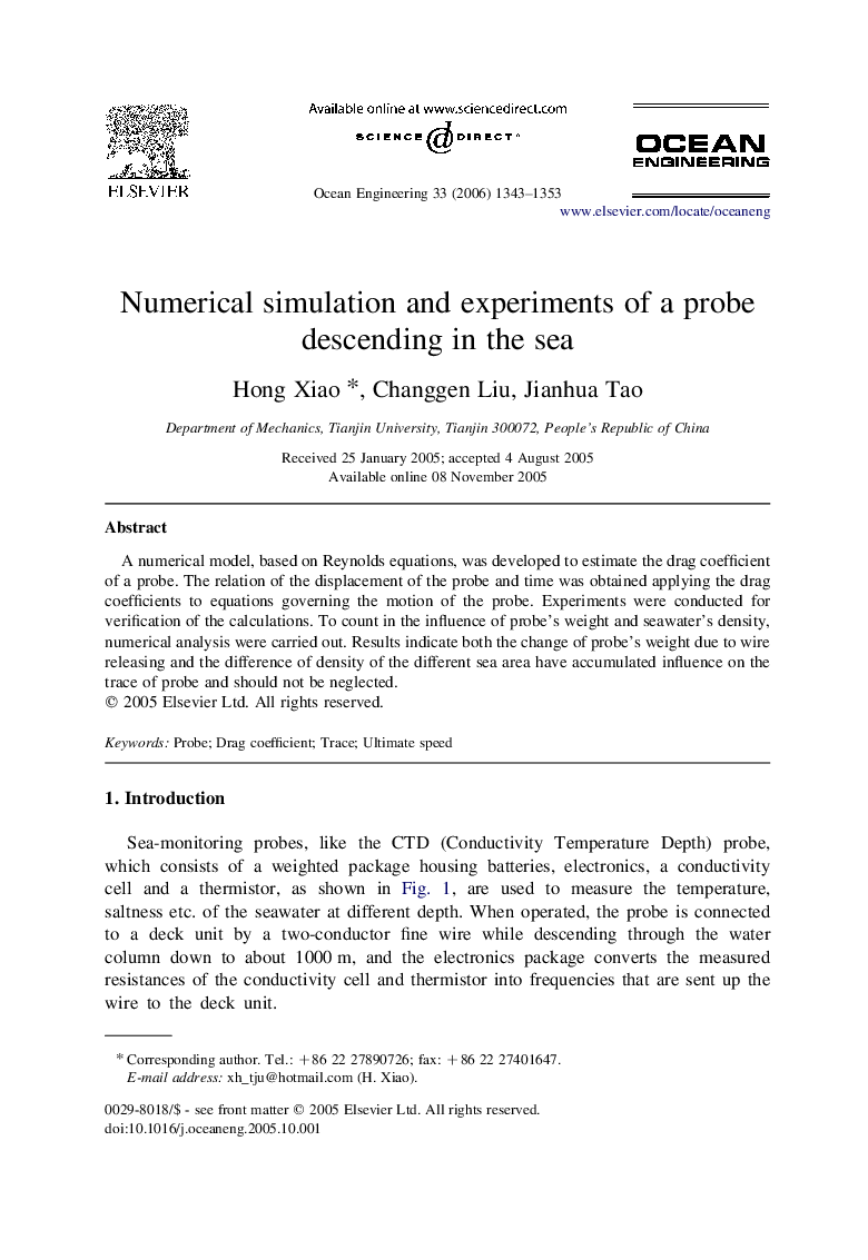 Numerical simulation and experiments of a probe descending in the sea