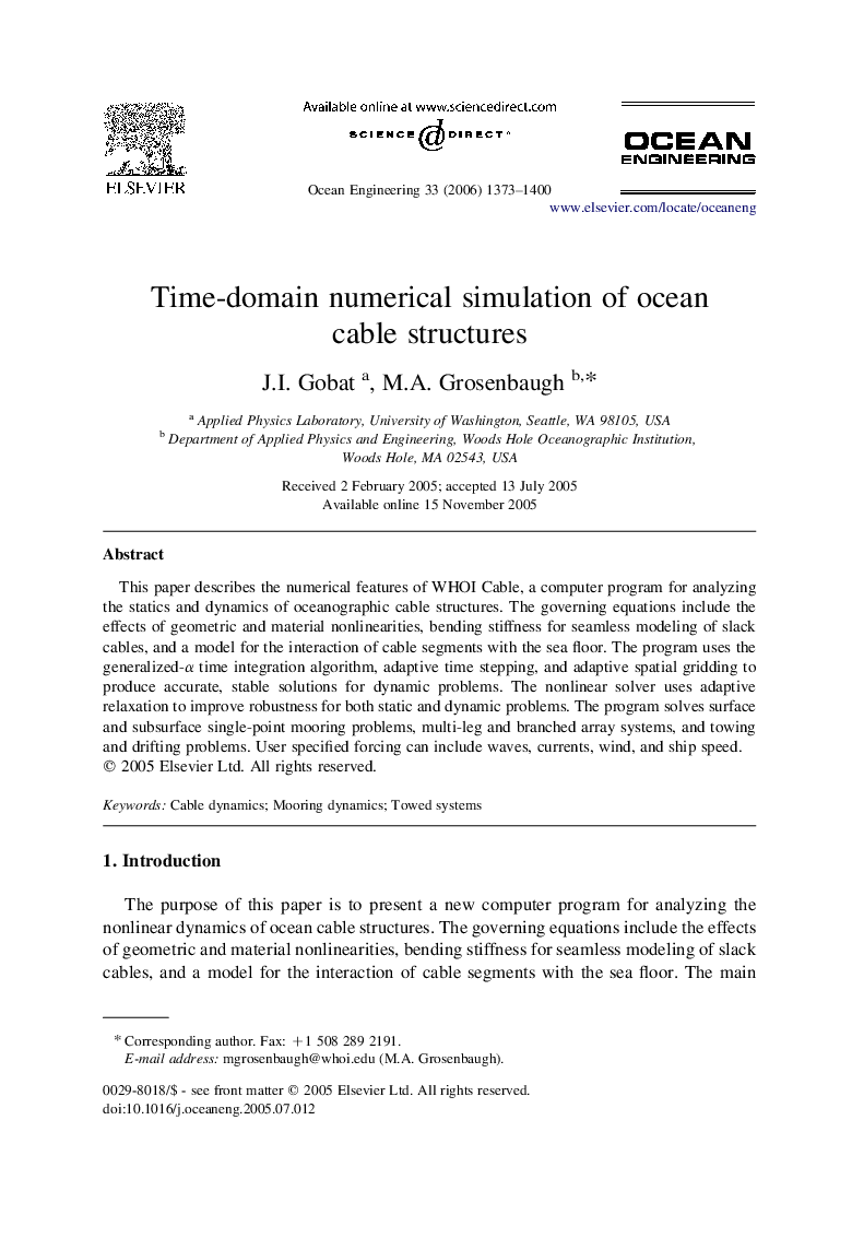 Time-domain numerical simulation of ocean cable structures