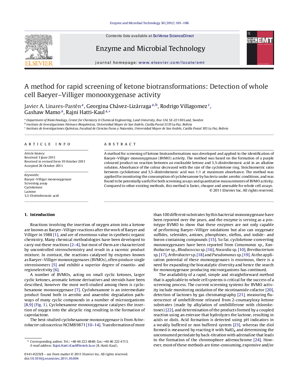 A method for rapid screening of ketone biotransformations: Detection of whole cell Baeyer–Villiger monooxygenase activity