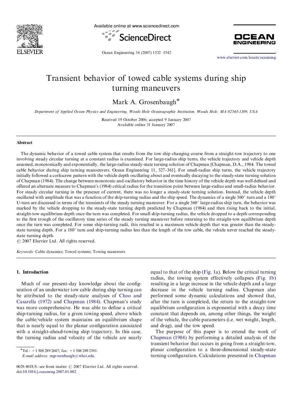 Transient behavior of towed cable systems during ship turning maneuvers