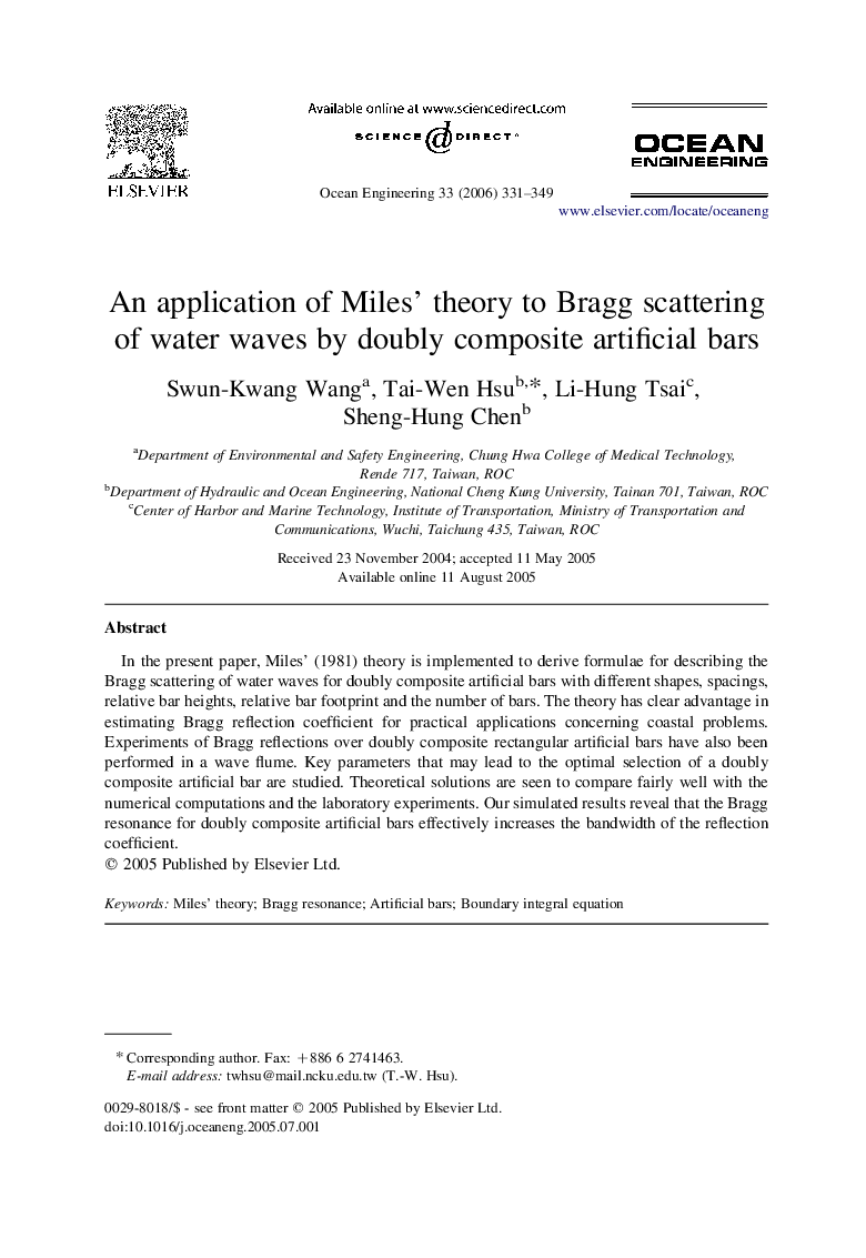 An application of Miles' theory to Bragg scattering of water waves by doubly composite artificial bars