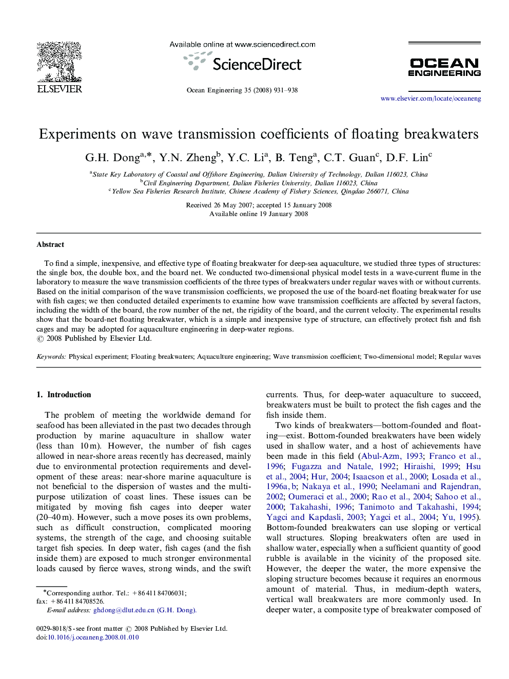 Experiments on wave transmission coefficients of floating breakwaters