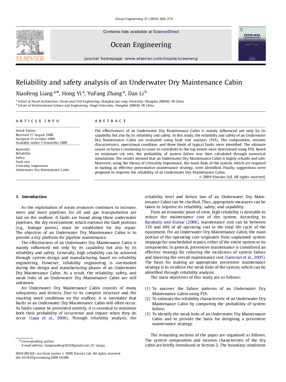 Reliability and safety analysis of an Underwater Dry Maintenance Cabin