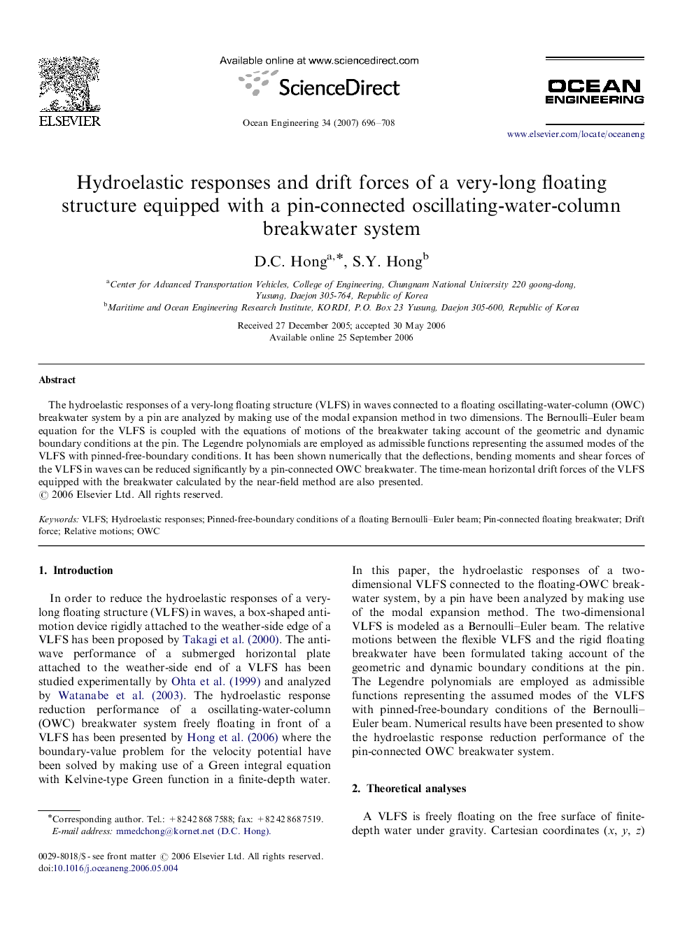 Hydroelastic responses and drift forces of a very-long floating structure equipped with a pin-connected oscillating-water-column breakwater system