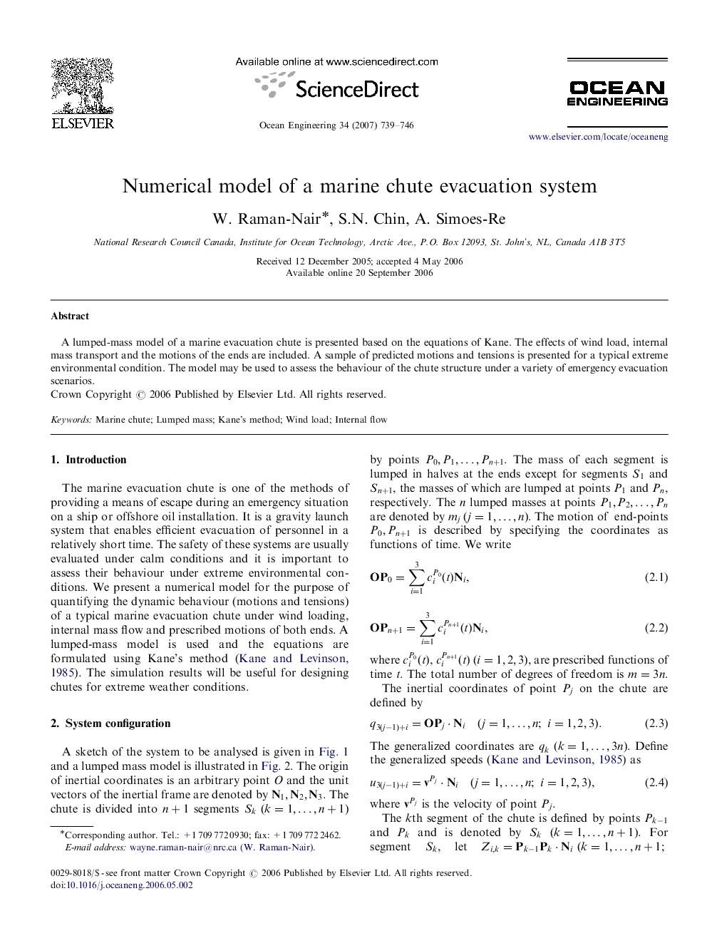 Numerical model of a marine chute evacuation system