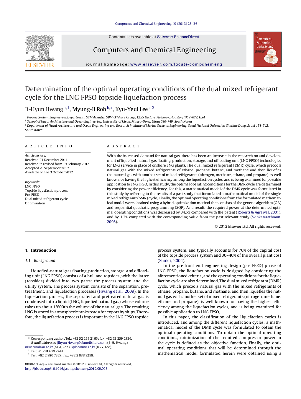 Determination of the optimal operating conditions of the dual mixed refrigerant cycle for the LNG FPSO topside liquefaction process