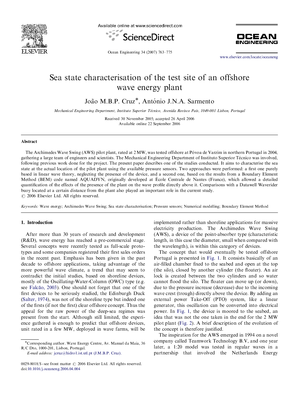 Sea state characterisation of the test site of an offshore wave energy plant