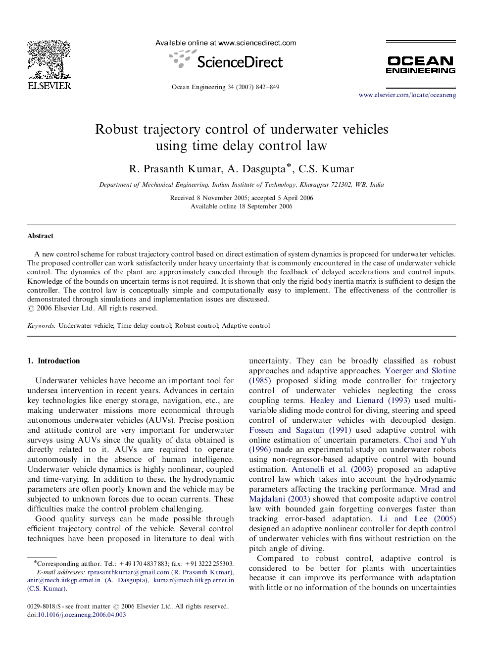 Robust trajectory control of underwater vehicles using time delay control law