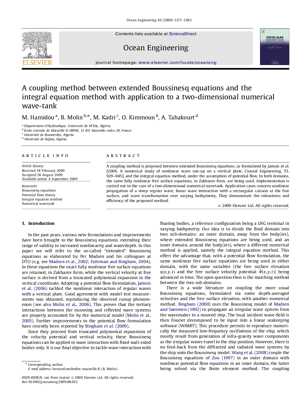 A coupling method between extended Boussinesq equations and the integral equation method with application to a two-dimensional numerical wave-tank