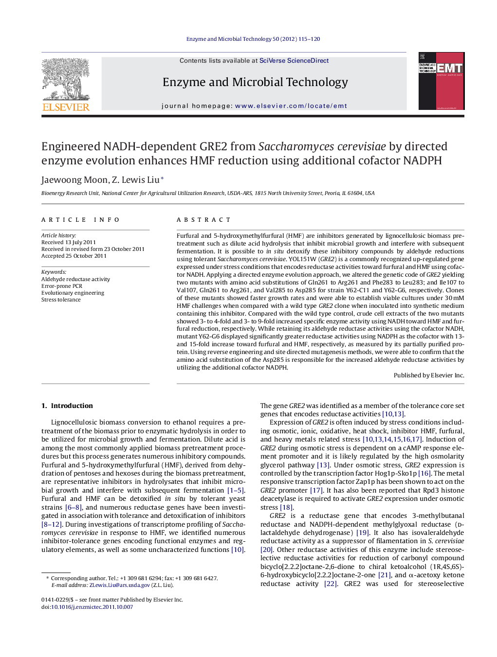 Engineered NADH-dependent GRE2 from Saccharomyces cerevisiae by directed enzyme evolution enhances HMF reduction using additional cofactor NADPH