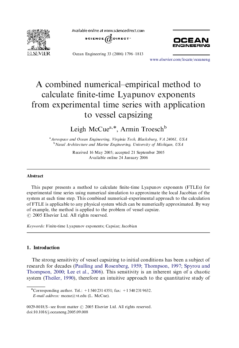 A combined numerical-empirical method to calculate finite-time Lyapunov exponents from experimental time series with application to vessel capsizing