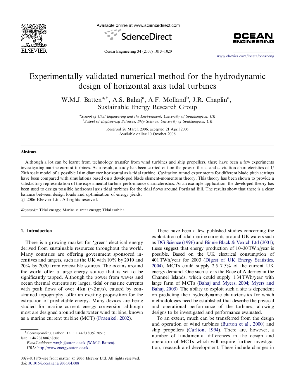 Experimentally validated numerical method for the hydrodynamic design of horizontal axis tidal turbines