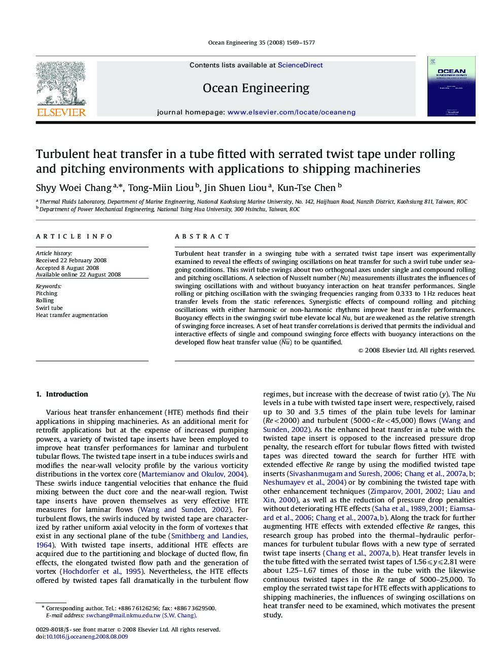 Turbulent heat transfer in a tube fitted with serrated twist tape under rolling and pitching environments with applications to shipping machineries