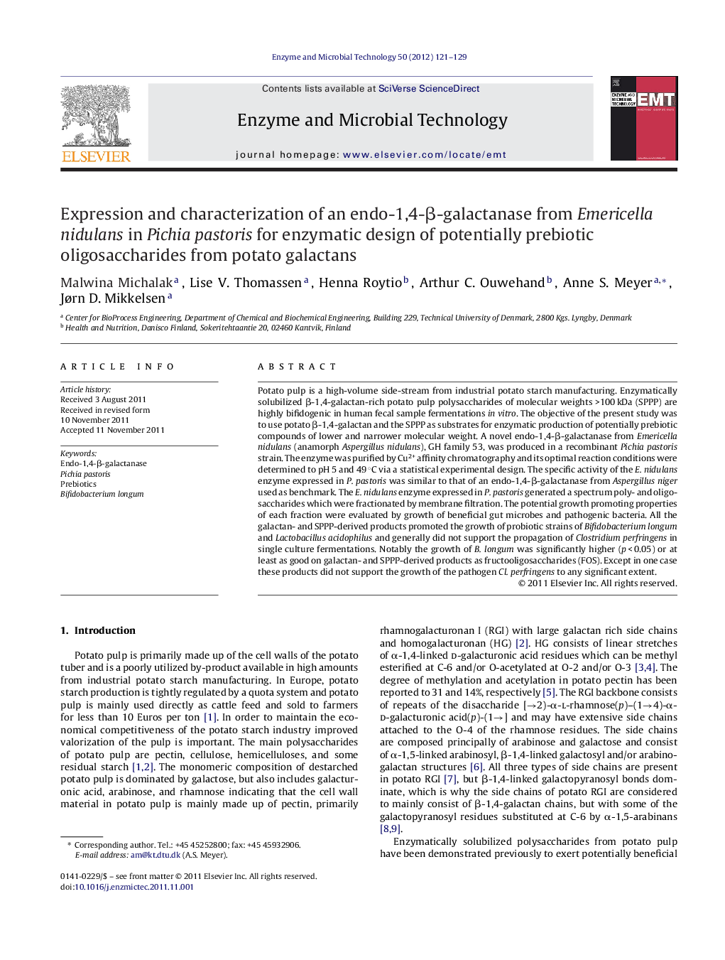 Expression and characterization of an endo-1,4-β-galactanase from Emericella nidulans in Pichia pastoris for enzymatic design of potentially prebiotic oligosaccharides from potato galactans