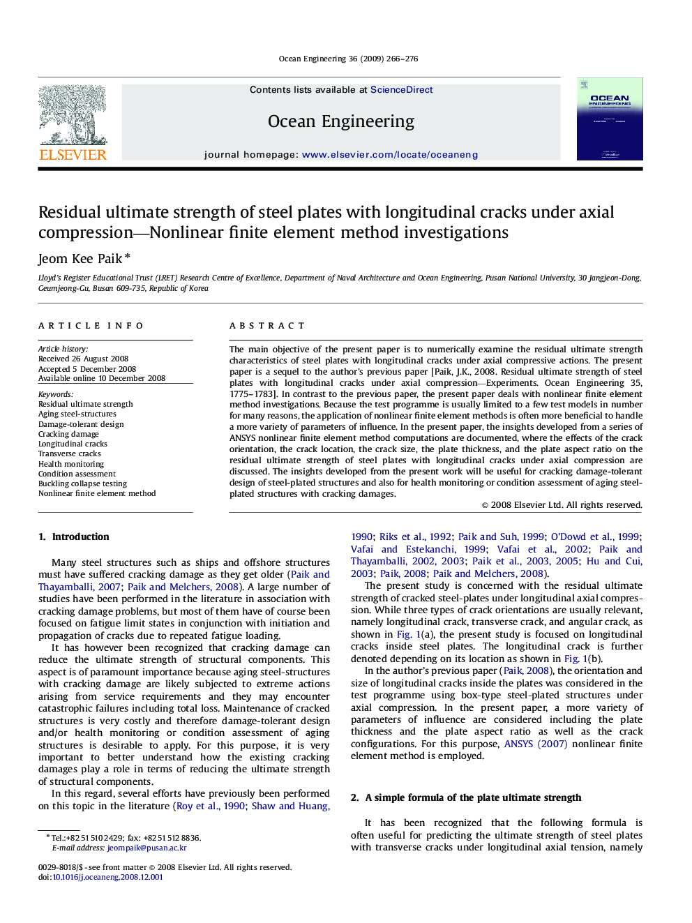 Residual ultimate strength of steel plates with longitudinal cracks under axial compression—Nonlinear finite element method investigations