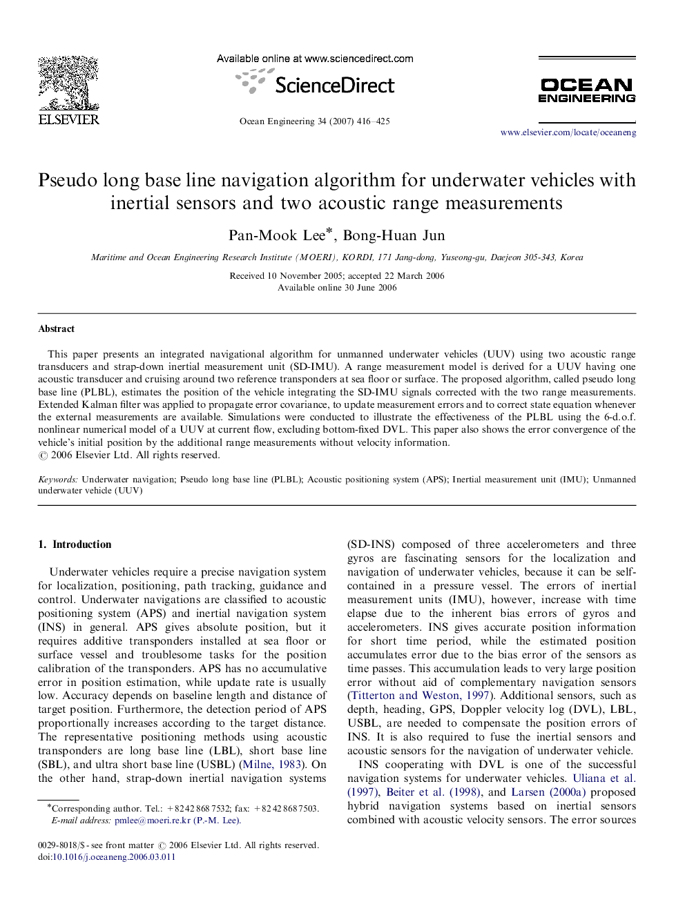 Pseudo long base line navigation algorithm for underwater vehicles with inertial sensors and two acoustic range measurements