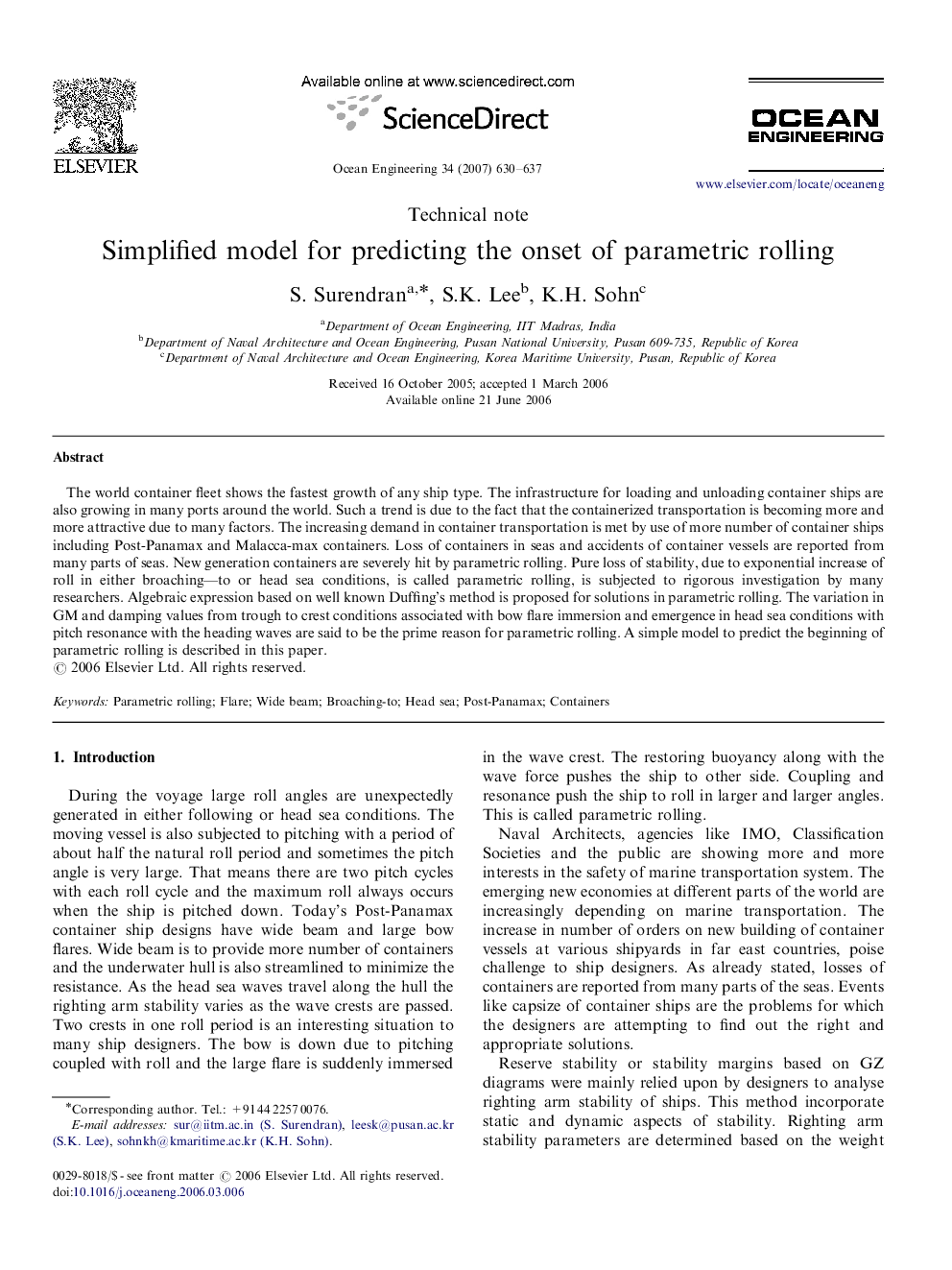 Simplified model for predicting the onset of parametric rolling