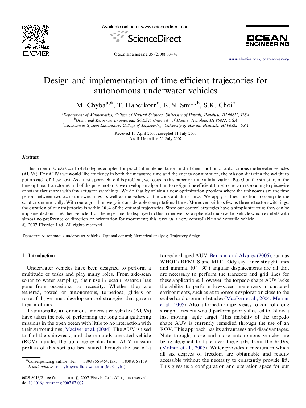 Design and implementation of time efficient trajectories for autonomous underwater vehicles