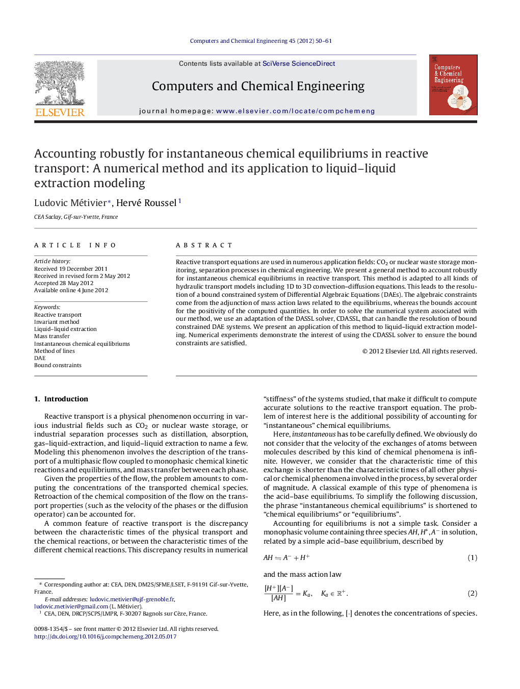 Accounting robustly for instantaneous chemical equilibriums in reactive transport: A numerical method and its application to liquid–liquid extraction modeling