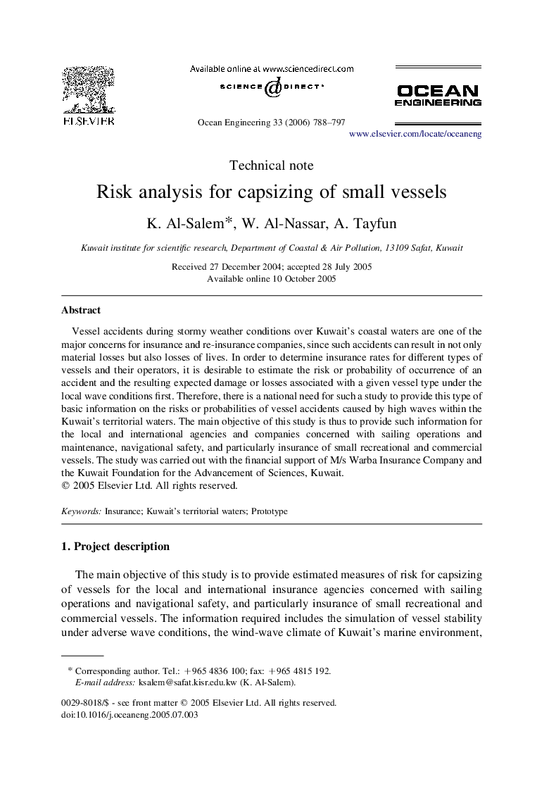 Risk analysis for capsizing of small vessels