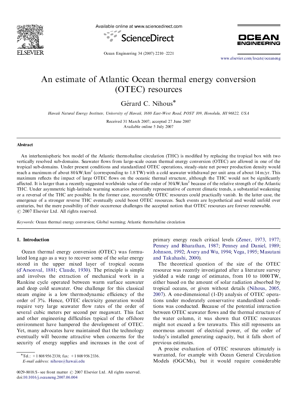 An estimate of Atlantic Ocean thermal energy conversion (OTEC) resources