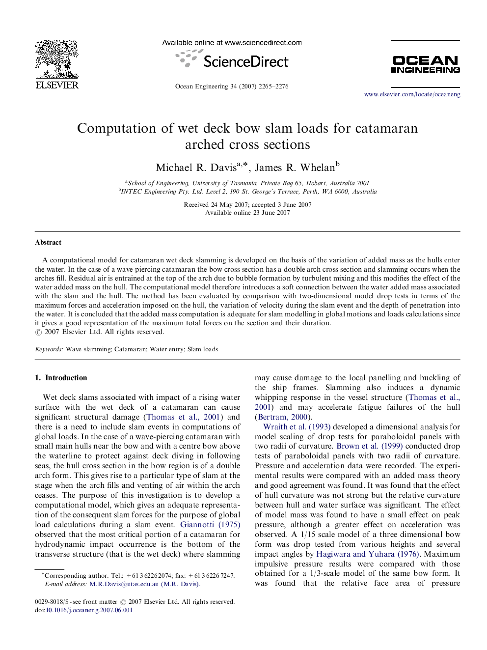 Computation of wet deck bow slam loads for catamaran arched cross sections