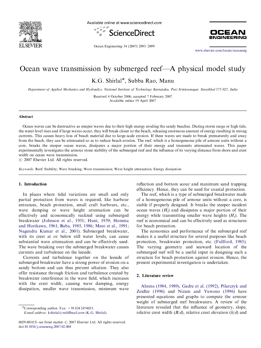 Ocean wave transmission by submerged reef—A physical model study