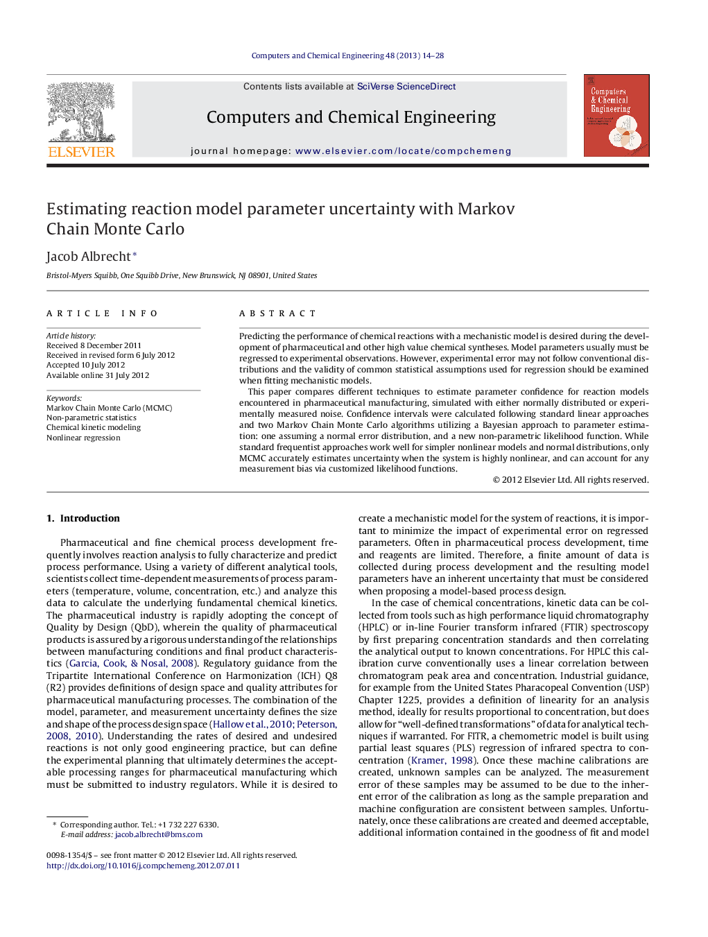 Estimating reaction model parameter uncertainty with Markov Chain Monte Carlo