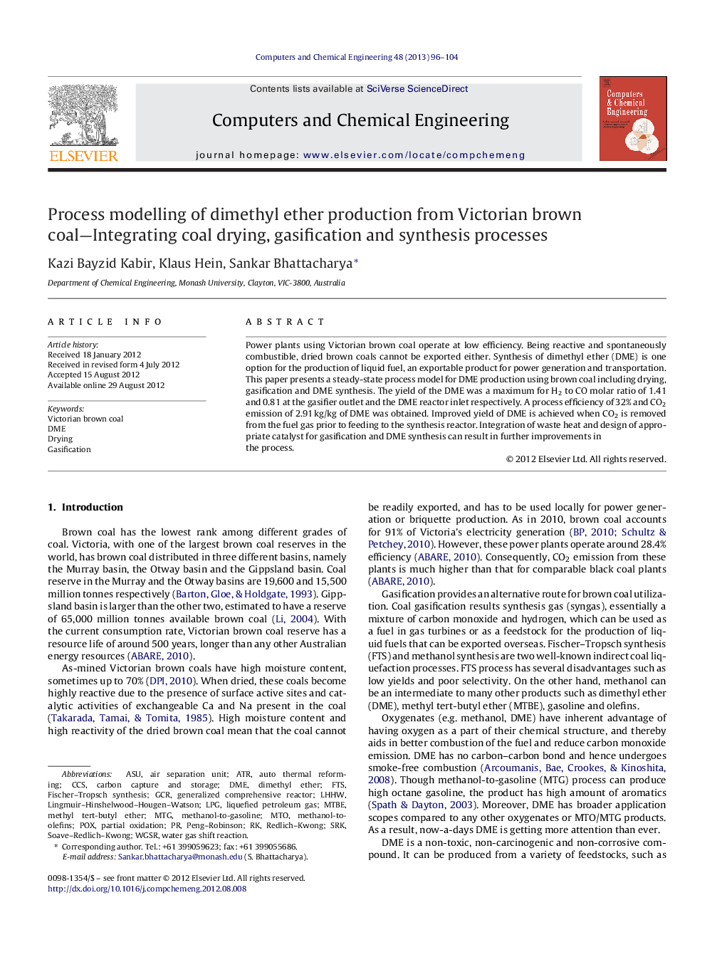 Process modelling of dimethyl ether production from Victorian brown coal—Integrating coal drying, gasification and synthesis processes