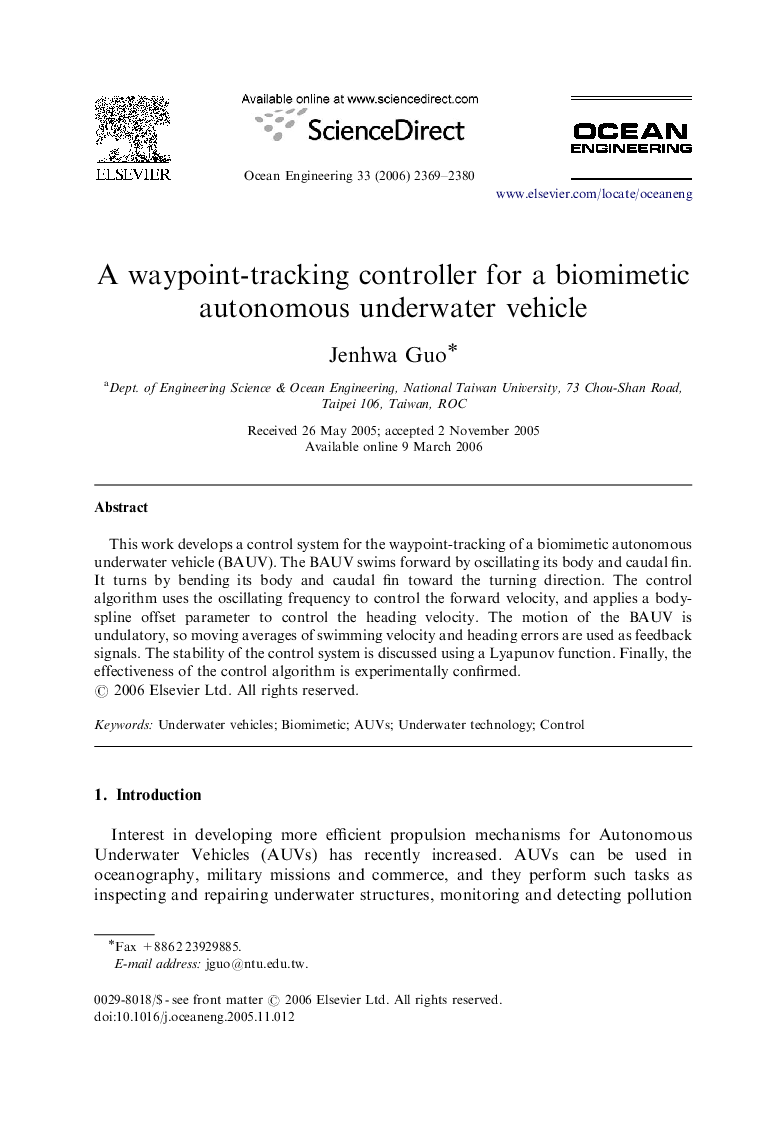 A waypoint-tracking controller for a biomimetic autonomous underwater vehicle