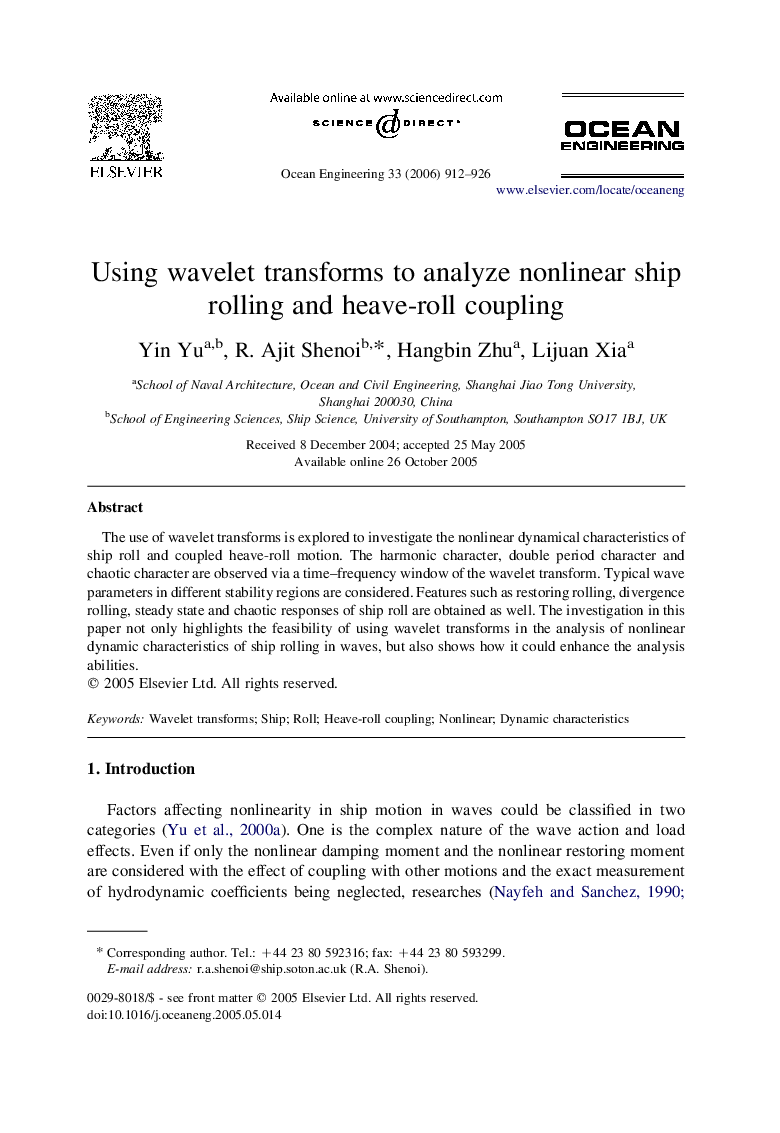 Using wavelet transforms to analyze nonlinear ship rolling and heave-roll coupling