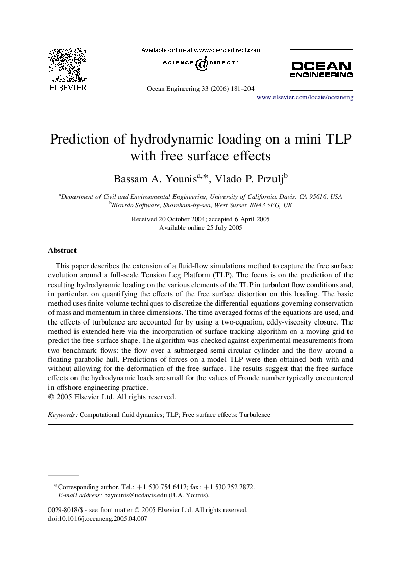 Prediction of hydrodynamic loading on a mini TLP with free surface effects