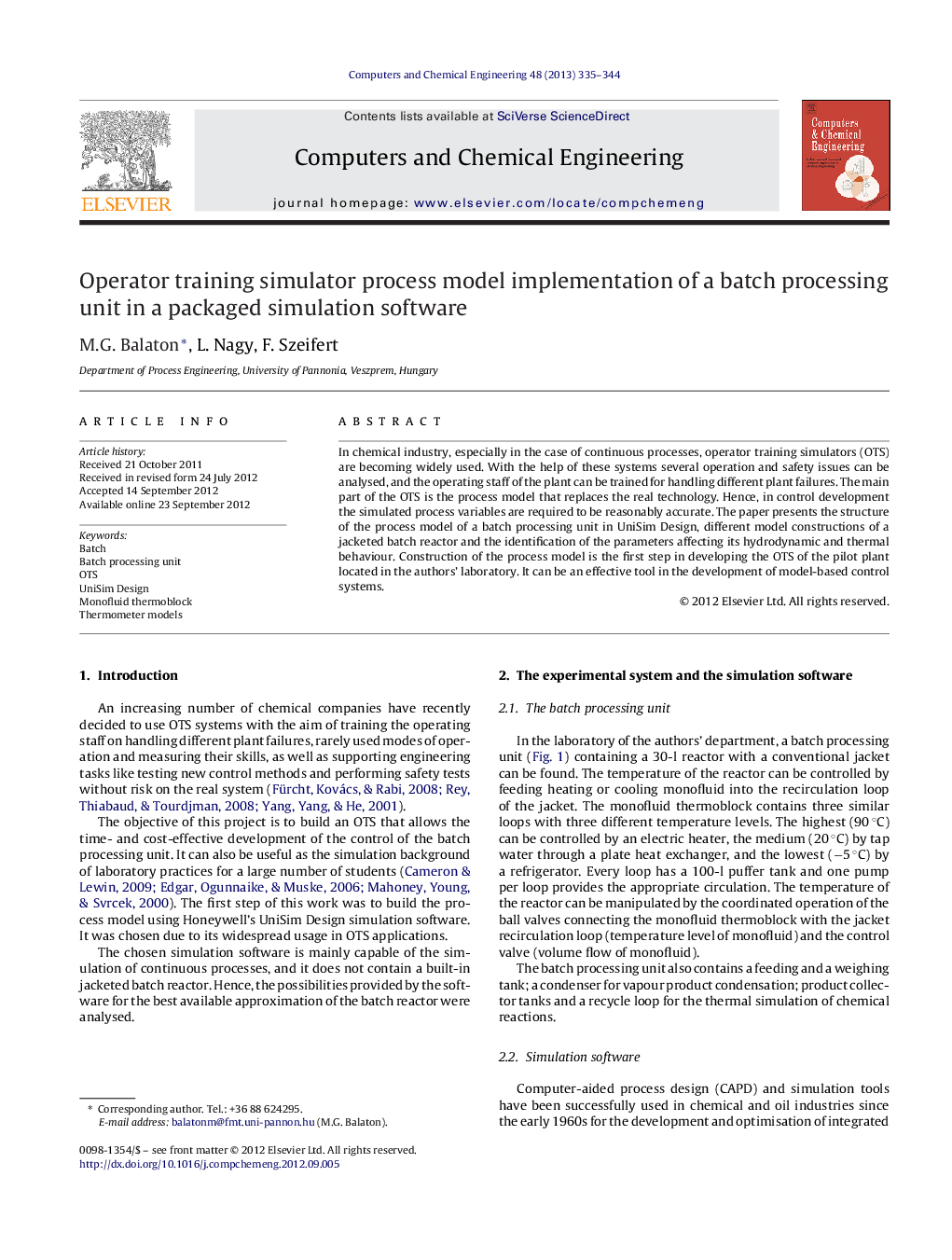 Operator training simulator process model implementation of a batch processing unit in a packaged simulation software