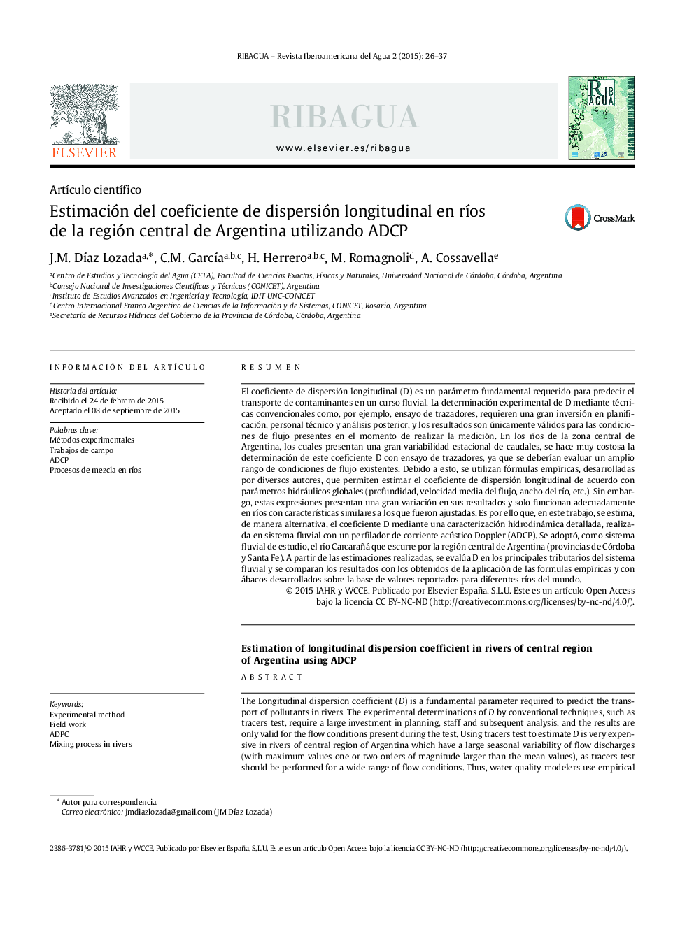 Estimación del coeficiente de dispersión longitudinal en rÃ­os de la región central de Argentina utilizando ADCP