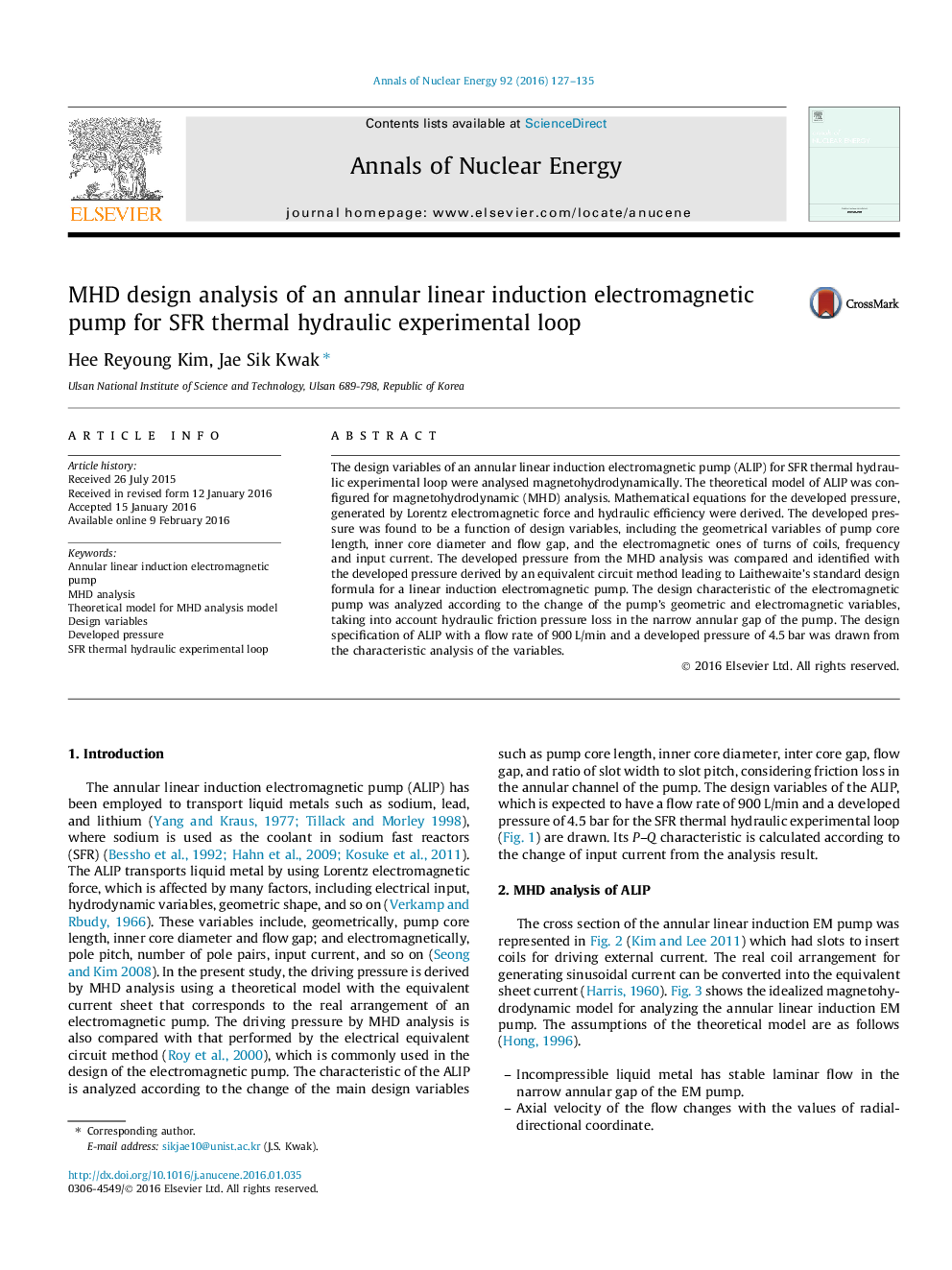 MHD design analysis of an annular linear induction electromagnetic pump for SFR thermal hydraulic experimental loop