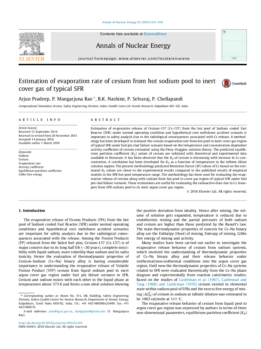 Estimation of evaporation rate of cesium from hot sodium pool to inert cover gas of typical SFR