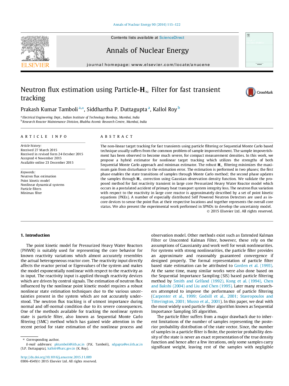 Neutron flux estimation using Particle-H∞H∞ Filter for fast transient tracking