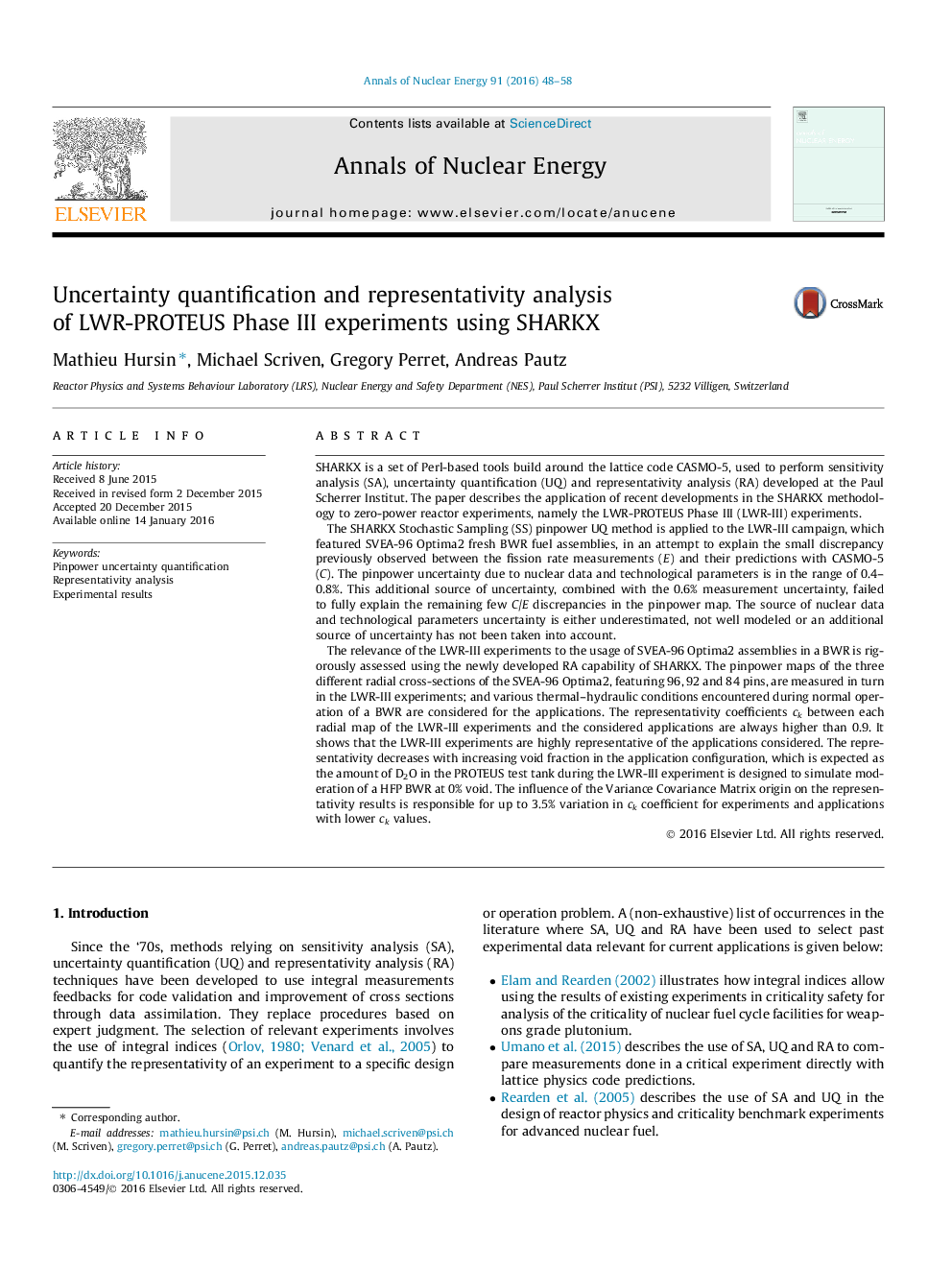 عکس صفحه اول مقاله: Uncertainty quantification and representativity analysis of LWR-PROTEUS Phase III experiments using SHARKX Uncertainty quantification and representativity analysis of LWR-PROTEUS Phase III experiments using SHARKX