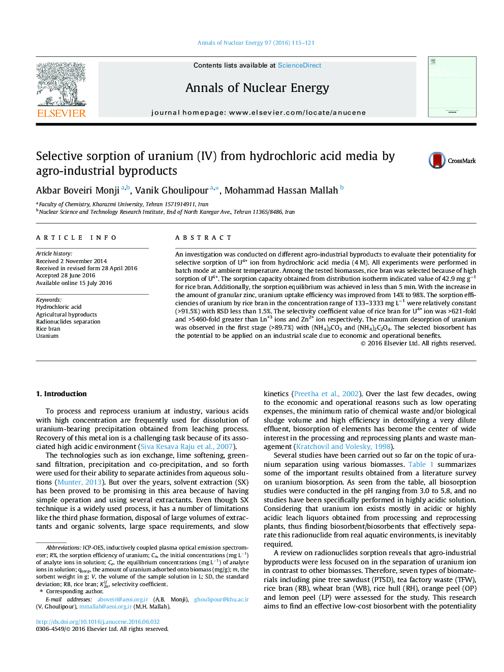 Selective sorption of uranium (IV) from hydrochloric acid media by agro-industrial byproducts