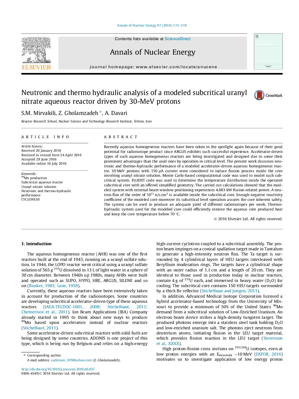 Neutronic and thermo hydraulic analysis of a modeled subcritical uranyl nitrate aqueous reactor driven by 30-MeV protons