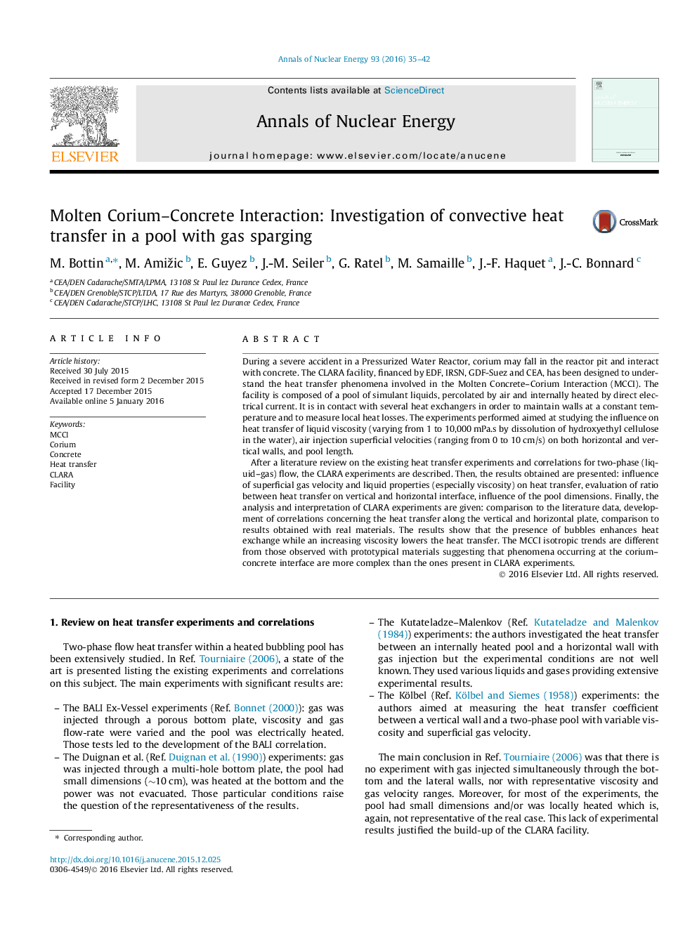 Molten Corium–Concrete Interaction: Investigation of convective heat transfer in a pool with gas sparging