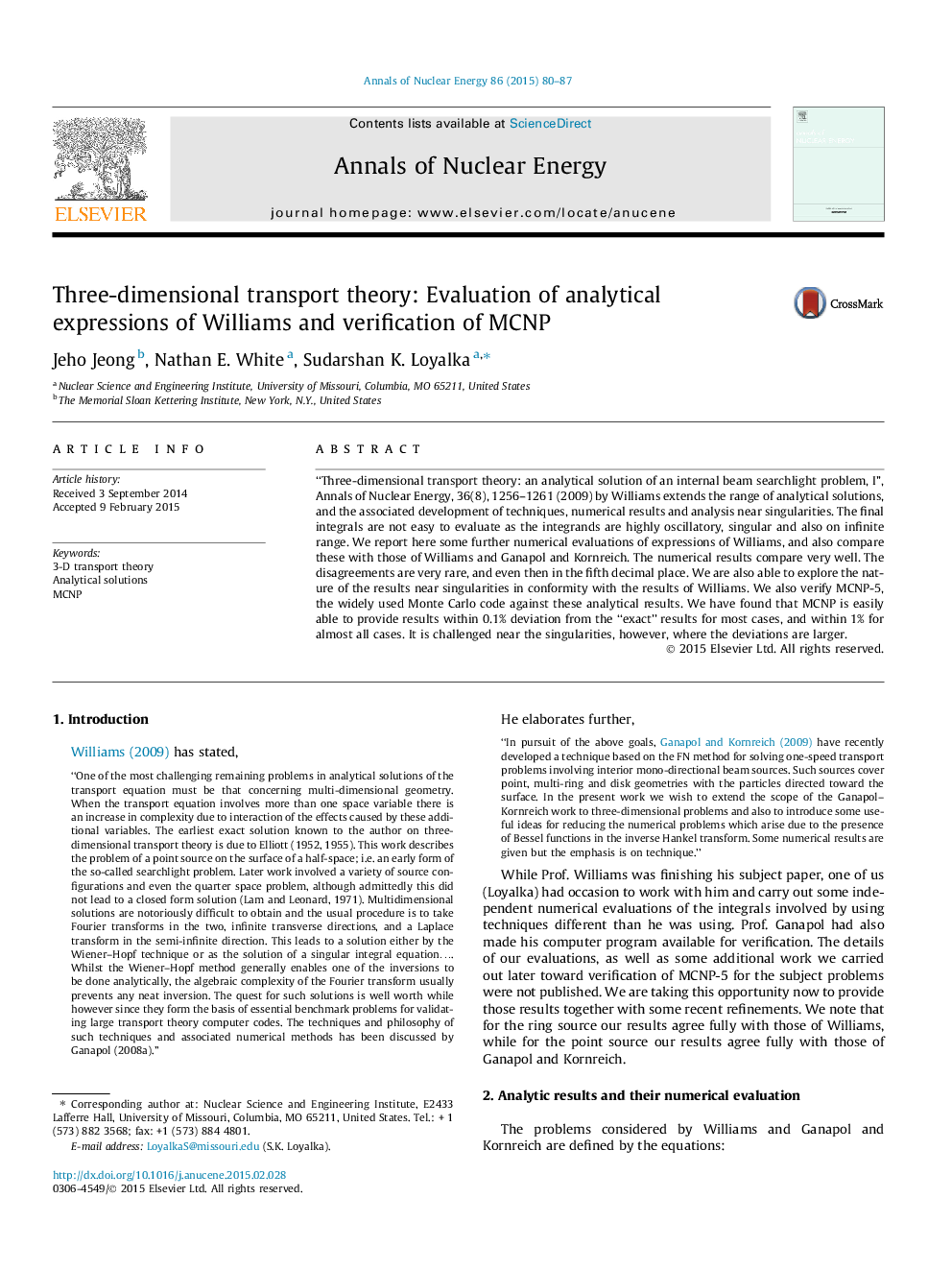 Three-dimensional transport theory: Evaluation of analytical expressions of Williams and verification of MCNP