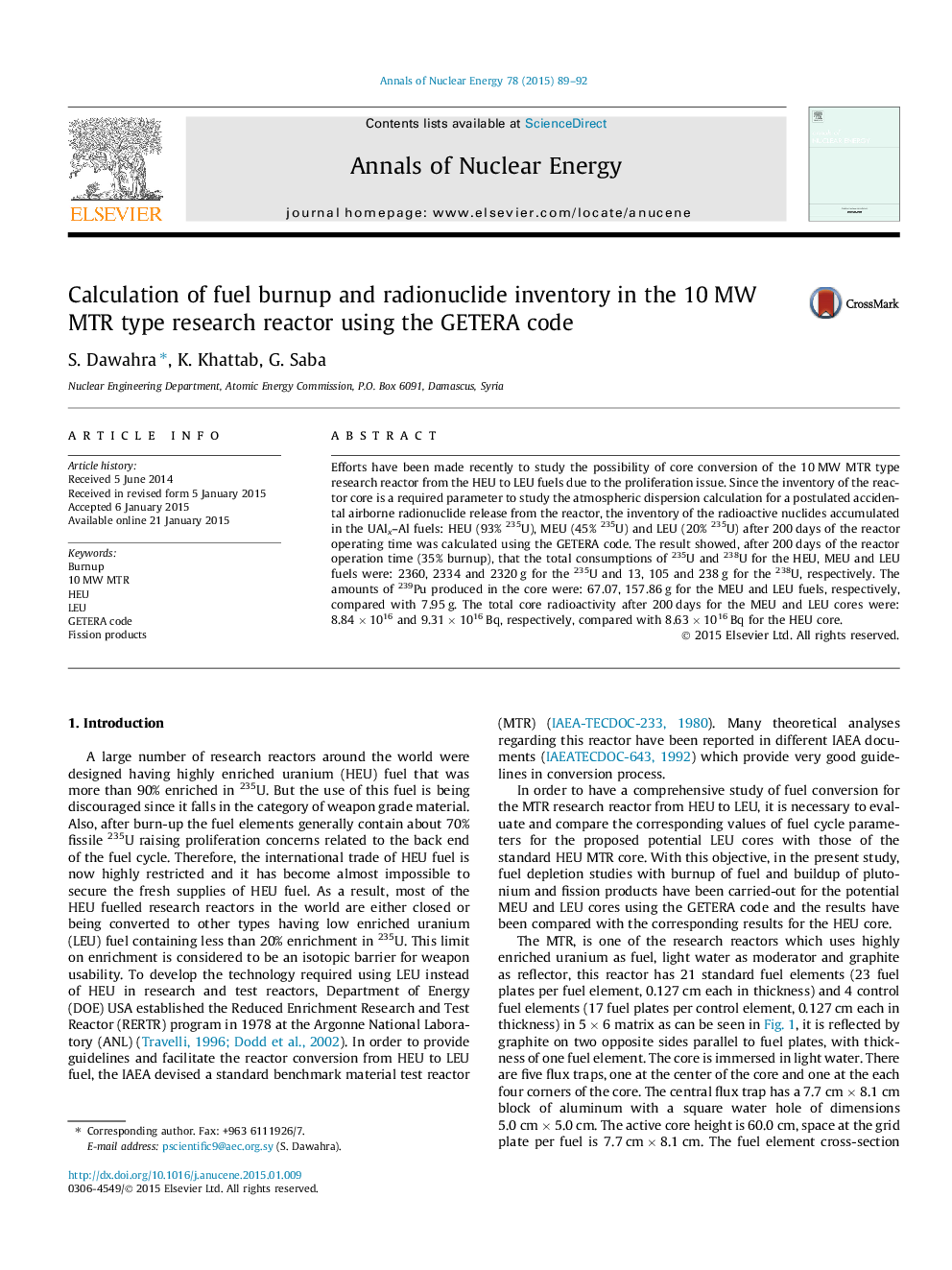 Calculation of fuel burnup and radionuclide inventory in the 10 MW MTR type research reactor using the GETERA code